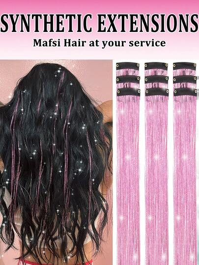 Hair Tinsel9Pcs Hair Tinsel Clip In 20Inch Glitter Tinsel Hair Extensions Heat Resistant Shiny Sparkle Fairy Hair Tinsel Kit For Women