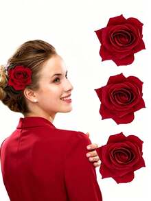 3 Stücke elegante rote Rose Blumen Haarspangen, vintage große Rose Blumen Haarnadeln, romantisches Blumen Haaraccessoire geeignet für Hochzeit, Abschlussball, Braut, Party, Date Night, Y2K Ästhetik Alltagskleidung Geschenk für Frauen - Rot - Übersicht 6