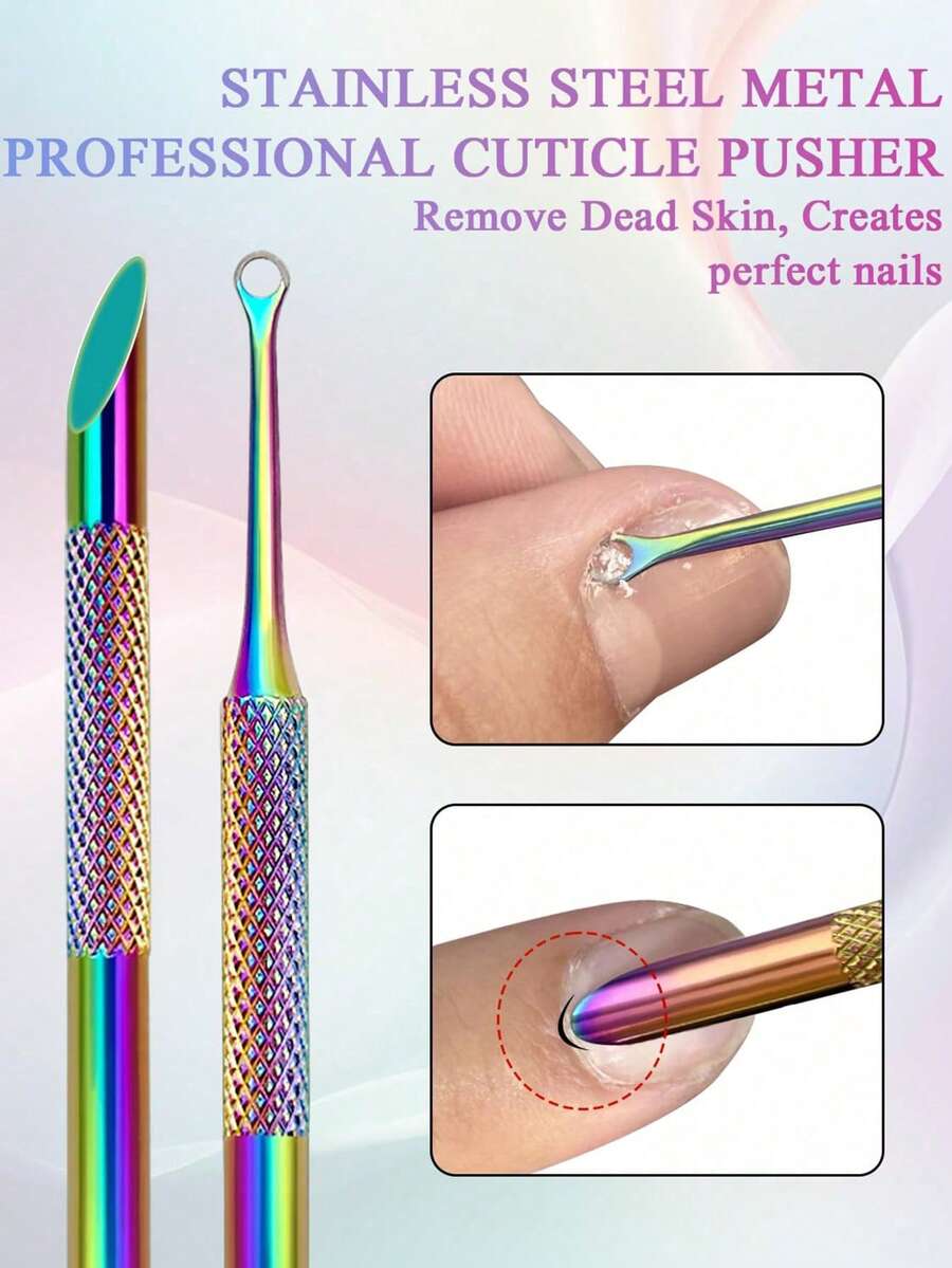 1 cái dụng cụ đẩy và cắt biểu bì hai đầu bằng kim loại màu bạc, chất lượng salon, làm bằng thép không gỉ, dụng cụ cạo sơn gel móng tay và móng chân bền bỉ, chuyên nghiệp, dùng để làm sạch móng tay và móng chân.