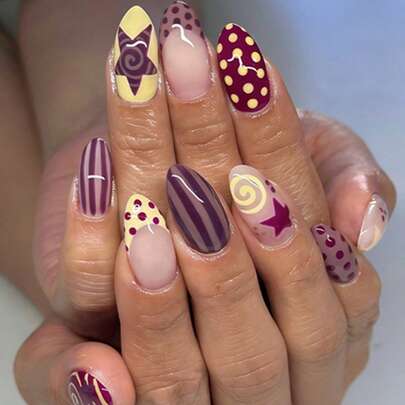 24pcs Medium-Long Almond-Shaped Cute Purple & Yellow Striped Polka Dot Star French Press-On Nails, Summer Manicure, Includes: 1pc Jelly Gel And 1pc Nail File, Suitable For Women And Girls For Daily, Party And Other Occasions