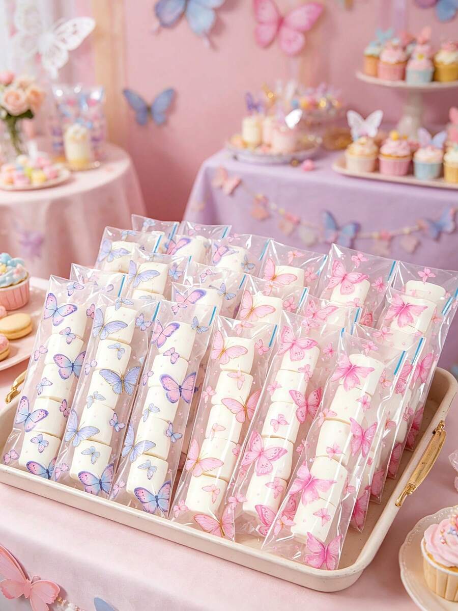 100个粉紫色蝴蝶透明糖果袋，女孩生日小礼物袋，婴儿派对糖果袋，性别揭晓派对饼干烘焙袋，婚礼装饰糖果袋，市场棒棒糖包装袋，棉花糖袋，一周岁生日派对透明食品包装袋，食品包装用品，节日糖果礼品袋，粉紫色蝴蝶装饰，生日装饰，婴儿派对回礼，生日礼物，派对回礼