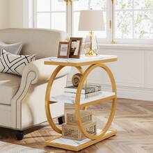 LITTLE TREE End Table With Storage Shelves, 3-Tier Wooden Industrial Sofa Side Table With Black Metal Frames For Living Room, Slim Nightstand And Bedside Table For Bedroom, White & Gold - 白色和金色 - 查看 8