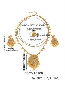 一套波西米亚风格铜合金镀金小圆盘流苏绿松石珠吊坠项链、耳环、戒指首饰套装，适合女性日常佩戴及节日礼物 - 金黃色-C - 查看 3