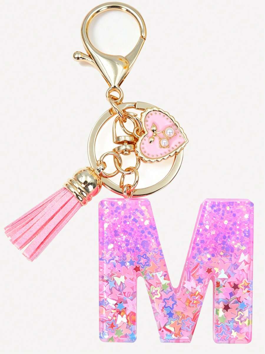 1pc Pink Letter Keychain Resin Drip Glue Butterfly Heart Pendant, Cute Gift For Women Bag/Key Chain - Baby Pink - View 1
