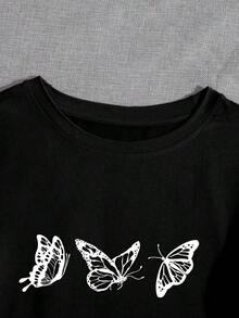Camiseta de cuello redondo con estampado de mariposa - Negro - Ver 5