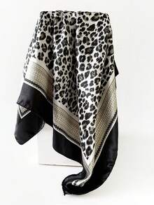 1pc Women's Fashion 90 Square Printed Scarf, Spring/Summer Versatile Neckerchief, Leopard Chain Satin Headscarf,Beach,Holiday - 01-black - View 3