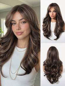 Tóc giả dài 22 inch, kiểu gợn sóng, có mái bằng, chất liệu sợi tổng hợp chịu nhiệt, thích hợp sử dụng hàng ngày, đi làm, dự tiệc, Halloween, Giáng sinh, Lễ Tạ ơn, đám cưới, dạ hội, hẹn hò, sinh nhật, kỳ nghỉ. Chất liệu sợi tổng hợp cao cấp, chất lượng tóc thật tự nhiên, thoải mái, kiểu tóc gợn sóng dài, màu vàng bạch kim. - Màu nâu highlight - Xem 3