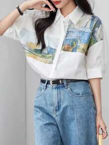 Elegant New Printed Open Short Sleeve Blouse Top For Women, Suitable For Commuting White Vacation Summer - White - View 3