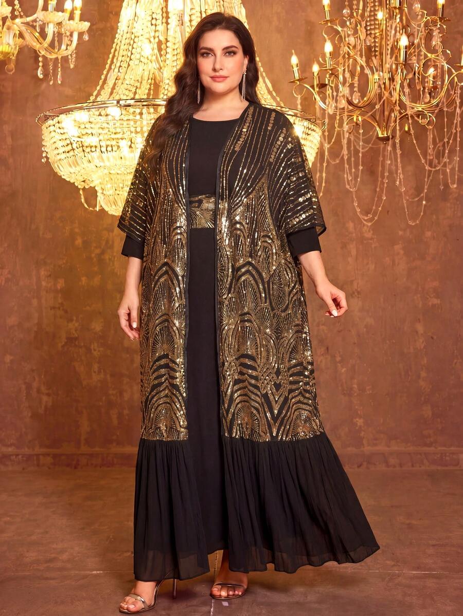 SUPGIR [Random Print] Plus Size Women Long Sleeve Reversible Waist Belt Sequin Patchwork Evening Dress Spring - Gold - View 1