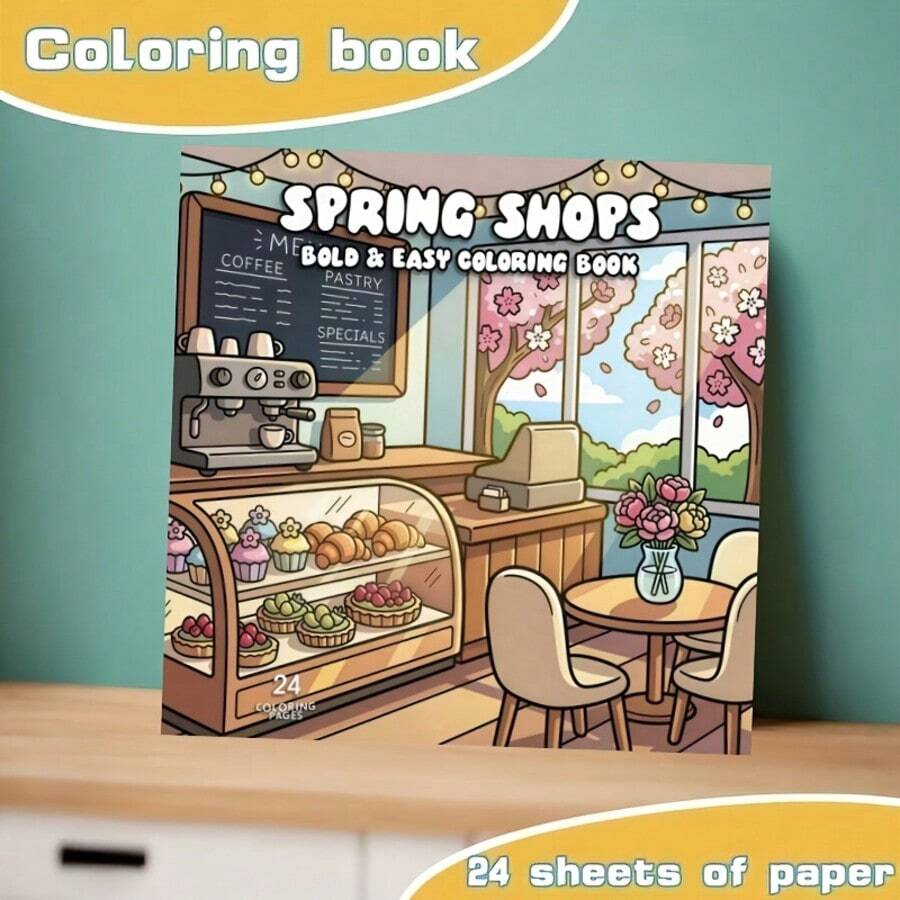 1 Spring-Themed Coloring Book, 24 Single-Sided Pages, Featuring Scenes Of Stores, Local Markets, Cafes, And Boutiques To Capture The Warm Atmosphere Of The Season. Suitable For Adults And Teenagers, An Ideal Choice For Stress Relief, Relaxation, And Enjoying Seasonal Fun Activities. - Single Piece - View 1