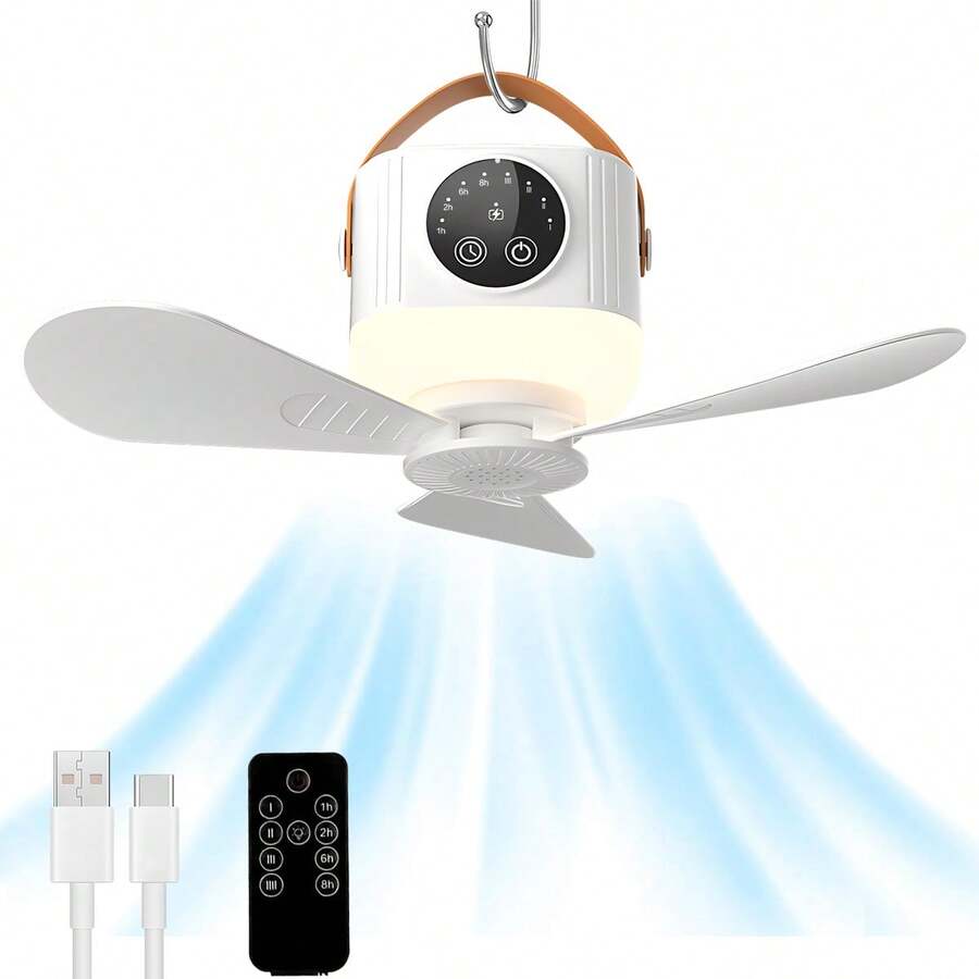 Outdoor Tent Fan, Portable Camping Remote Control Hanging Fan, Dorm Hanging Fan With High Battery Life, Type-C Display Fan, Essential Camping Tool Hanging Fan - 白色 - 查看 1