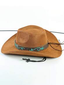 Un sombrero vaquero occidental de ante para hombres y mujeres, con bordado retro en verde esmeralda, diseño de ala ancha, correa ajustable en el ala, protección UV para uso al aire libre, adecuado para vacaciones, reuniones, actividades al aire libre y uso diario en la playa. - Sombrero de mariposa bordado en gamuza - Ver 3