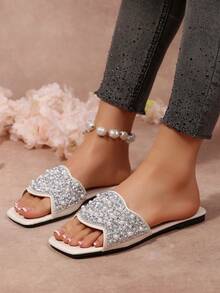 Plus Size Women's Fashion Flat Sandals, Open Toe Slip-On Slippers, Comfortable Casual Slides, Rhinestone Decor, Suitable For Summer - Beige - View 6