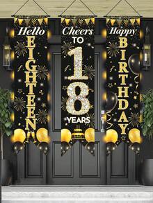 3件套18岁黑金生日门牌，闪亮18岁生日快乐门柱对联，125*30厘米涤纶悬挂横幅，18岁生日派对装饰，生日悬挂旗帜，生日庆祝用品，生日派对背景装饰，生日家居装饰，庭院装饰 - 黑金18歲 - 查看 6
