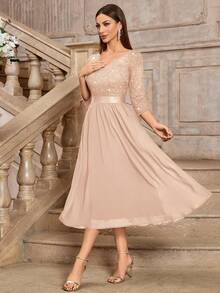 MIUSOL Elegant V-Neck Sequin Floral Lace Ruffle Chiffon 3/4 Sleeve Swing Party Dress, Suitable For Wedding Guest, Graduation Ceremony, Spring/Summer, A-Line Midi Dress, Mother's Day Outfit - Champagne - View 7