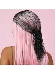 Rhinestone Encrusted Fishnet Headband, Shiny Stretchy Crystal Club Party Headwear - 白色 - 查看 3