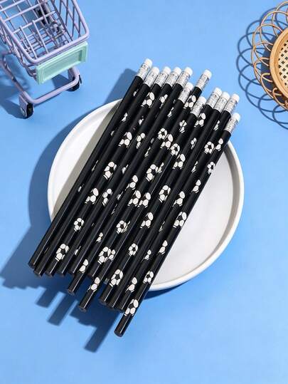10Pcs/Set Black Soccer Pencils, Sports Pencil Set With Eraser, Soccer Pencils, Suitable For Baby Parties, Baby Party Favors, Baby Party Gifts, Sports-Themed Stationery Rewards Office Supplies - Wooden Pencils, The Perfect Gift For A Themed Birthday Party.