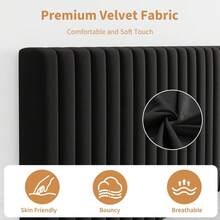 Techigher Bed Frame, Velvet Upholstered Platform Bed With Adjustable Headboard, Vertical Channel Tufted, Sturdy Wooden Slats, Silent Design, Easy Assembly - Black - View 4