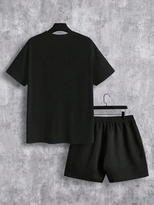 Men'S New York Casual Short Sleeve Black With White Lettering Casual Style| Comfortable Fit, PLUS SIZE  Men's Casual Outfit, Cotton Sportswear Set - 黑色 - 查看 2