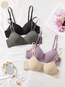 4件套女童舒适无钢圈软杯纯色文胸内裤套装 - 彩色 - 查看 2
