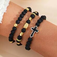 Set de 3 piezas: Pulsera hecha a mano con cuentas y cruz de rhinestone, accesorios vintage mate negros para hombres - Negro - Ver 2