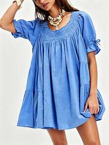 Women Puff Sleeve Babydoll Mini Dress Y2K Lace Trim Ruffle Flowy Dresses Summer Loose Swing Going Out Sundresses - 藍色 - 查看 1
