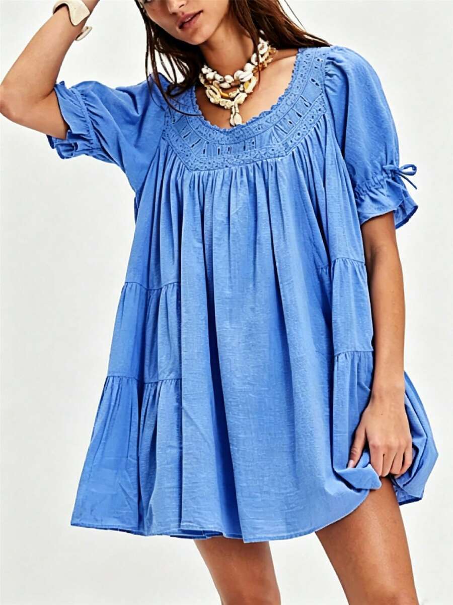 Women Puff Sleeve Babydoll Mini Dress Y2K Lace Trim Ruffle Flowy Dresses Summer Loose Swing Going Out Sundresses - 藍色 - 查看 1