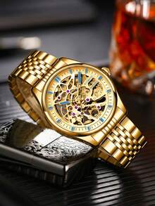 Reloj automático de lujo vintage para hombre, con mecanismo a la vista, caja redonda, grabado tallado, decoración brillante, correa de acero inoxidable, resistente al agua. Perfecto para uso diario y como regalo. - Dorado - Ver 5