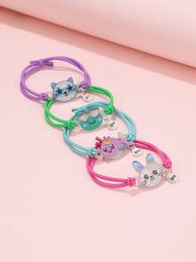 4pcs/Set Girls Cute Cartoon Glitter Acrylic Cat, Rabbit, Dinosaur Charm Elastic Bracelet - Multicolor - View 3