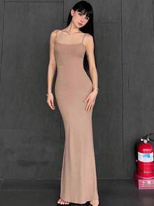 Đầm hai dây ôm sát, hở lưng, khoét sâu, gợi cảm dành cho nữ, thanh lịch mùa hè. - Màu Khaki - Xem 3