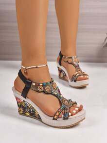 Women's New Elegant Bohemian Style Wedge Slip-On Sandals, Elastic, Hard-Wearing Non-Slip Comfortable Platform Sandals For Spring And Summer - Black 2 - View 4