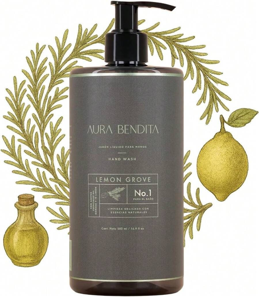 Jabón Líquido para Manos con Aceites Esenciales 100% puros: Té Limón, Romero + Aloe Vera |   Sin Fragancias Artificiales, Parabenos ni Ftalatos |   Jabón de Manos AURA BENDITA (500ml, Limonero) - Calma del bosque - Ver 1
