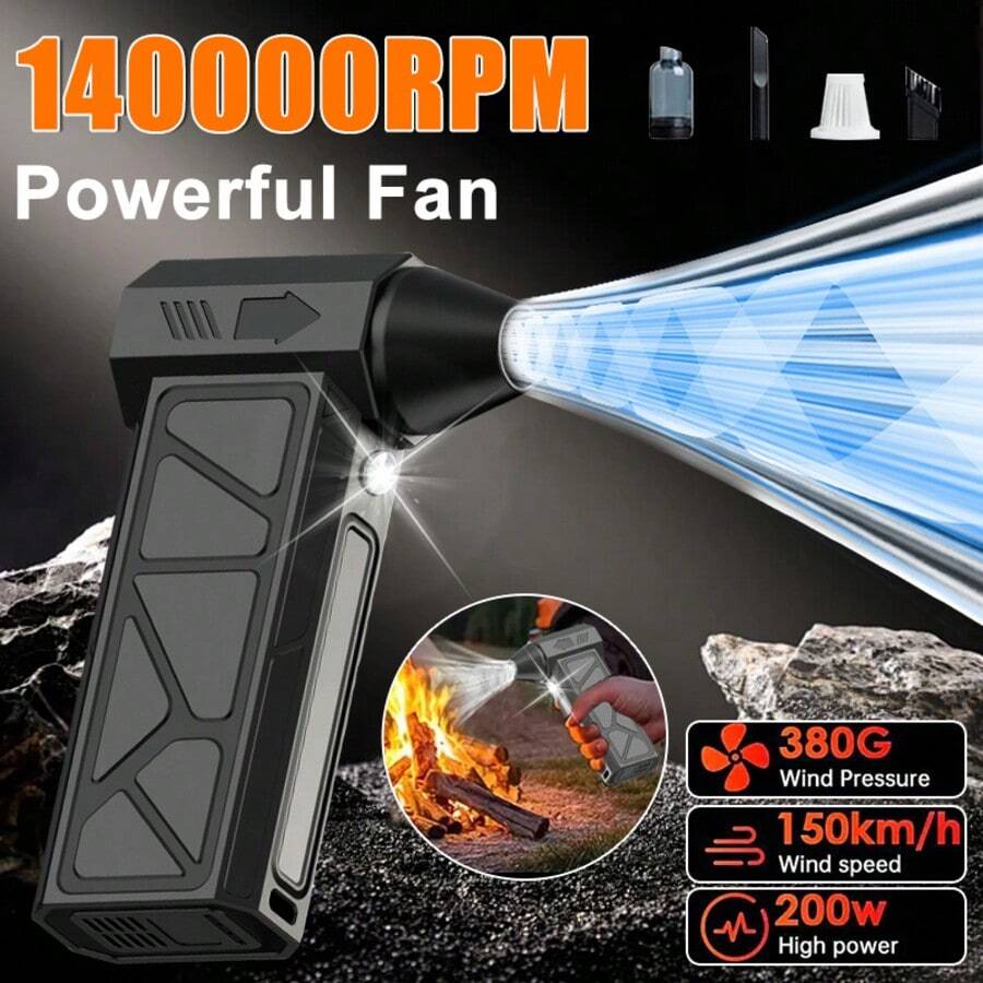 140000RPM Multi-Functional Handheld Turbo Jet Blower, 2-In-1 Blowing & Suction Electric Air Duster With 52m/S Hurricane Wind Force, 150km/H Wind Speed, 200W High Power & 380G Wind Pressure, Violent Hair Dryer With Stepless Speed Regulation, Overheat Protection, Intelligent Chip, Noise Reduction & Long Endurance, Comes With Multiple Replaceable Nozzle Attachments, Perfect For Car Snow Removal, Car Interior Deep Cleaning, Home Keyboard Dusting, Pet Drying, Yard Leaf Blowing, Camping Fire Aid, Inflatable Cushion Inflation, Workshop Tool Bench Cleaning, Factory Equipment Dust Blowing, Camera Lens Blowing & Sofa Dust Removal - Black - View 1