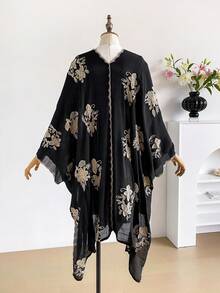 一件优雅花卉图案波西米亚风刺绣和服/纱笼，女士春夏沙滩罩衫，轻盈披肩，百搭时尚配饰，奢华礼品，节日佳品 - 黑色 - 查看 3