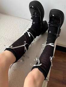 1 par de calcetines hasta la rodilla con decoración de lazo, calcetines de mujer con volantes, calcetines de estilo ballet de peso ligero hasta el tobillo, calcetines hasta la rodilla con estilo de lazo tipo Mary Jane para el verano - Multicolor - Ver 5