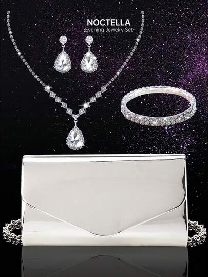 Noctella Ladies PU Flap Clutch, Elegant Party Chain Shoulder Bag, Luxury Fashion Glossy Mirror Flap Party Clutch, Paired With A Three Pieces Sparkling Rhinestone Jewelry Set Including A Luxurious Pendant Necklace, Bracelet, And Earrings, Suitable For Dinners, Weddings, And Parties, Ideal For Women, Brides, And Bridesmaids.