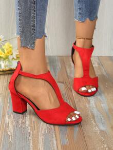Sandali con tacco alto ampi da donna, tacchi alti a punta, scarpe da festa alla moda, sandali casual con punta aperta di taglia grande - Rosso - Visualizzare 4