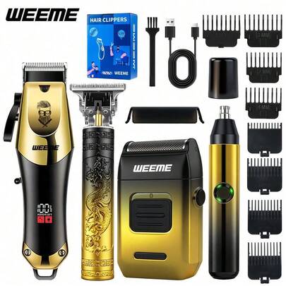 WEEME 4pcs/3pcs/2pcs/1pc Men's Professional Haircut Scissors Set, Cordless All-In-One Grooming Kit Includes Beard Trimmer, Nose Hair Trimmer And Foil Shaver, Men's Grooming Gift Set
