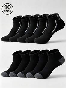 1/5/10 Pairs Selection | Breathable Comfortable Men's Socks - Black Casual Striped Letter Print Suitable For Sports And Daily Wear | Plus Size Loose Fit - Black - View 10