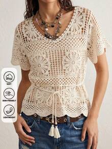 Áo croptop móc len kiểu Bohemian, cổ chữ V khoét rỗng, thích hợp cho kỳ nghỉ biển dành cho nữ. - Màu be - Xem 3