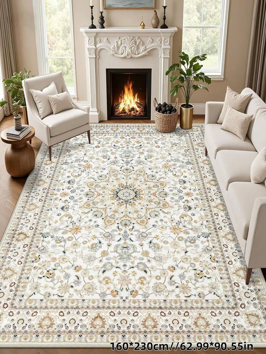 1pc Bohemian Modern Paris Garden Style Living Room Carpet, Non-Slip Rust Red Floral Retro Farmhouse Style Rug, Suitable For Bedroom, Dining Room, Dorm, Office, Home Decor - 香檳色 - 查看 1