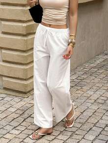 Unadoll 女士夏季休闲白色亚麻阔腿裤，抽绳松紧腰宽松长裤，适合度假和日常穿着 - 白色 - 查看 8