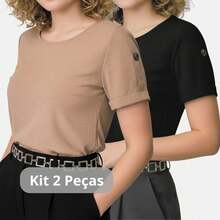 Kit And Pieces: Women's Short-Sleeve Blouse, Duna Style, Formal, Elegant, Evangelical Fashion - 米色和黑色 - 查看 1
