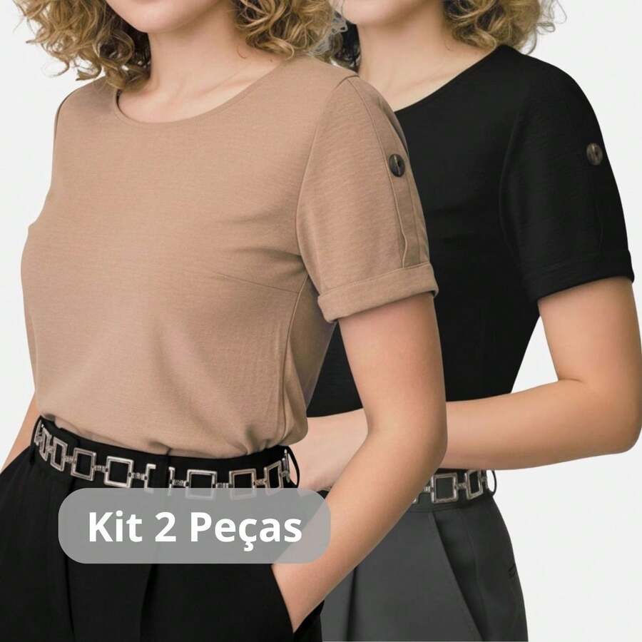 Kit And Pieces: Women's Short-Sleeve Blouse, Duna Style, Formal, Elegant, Evangelical Fashion - 米色和黑色 - 查看 1