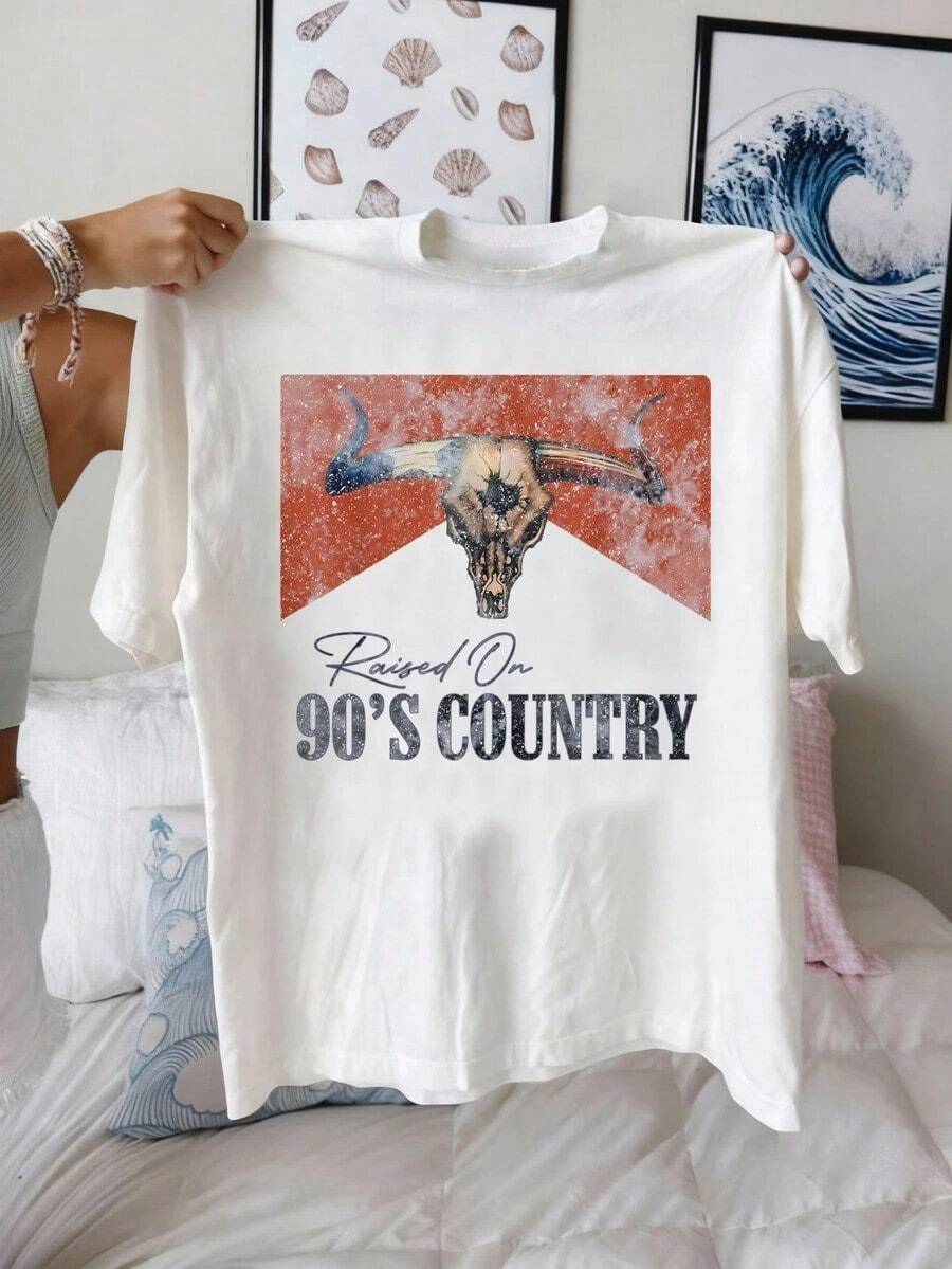 Camiseta de manga corta estilo retro de los 90 con calavera de música country y estilo western para mujer, chaqueta casual, ropa informal, atuendo para maestras, temporada de regreso a clases, uniforme escolar, regreso a clases, disfraz de Halloween, blanca de verano 100% algodón. - Blanco - Ver 1