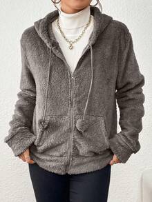Imported Women's Long-Sleeved Teddy Coat With Zipper And Thick Hood. - Grey - View 2