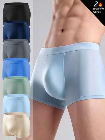 2 piezas/paquete Calzoncillos casuales de unicolor para hombres, pantalones cortos deportivos de seda helada elástica, ropa interior casual diaria, calzoncillos bóxer de unicolor semi-transparentes, adecuados para ciclismo, fitness, uso casual diario, ropa de casa, regalo para hombres, adecuado para vacaciones, Día de San Valentín, regalos de aniversario para novio