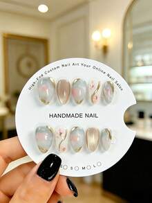10pcs Handmade Almond-Shaped Gradient Milky Blue Translucent Nail Stickers With Gold Frame And Arc Decor, Elegant And Beautiful, Suitable For Women And Girls, Perfect For Parties, Weddings And Daily Wear, Comes With Tool Kit - Multicolor - View 8