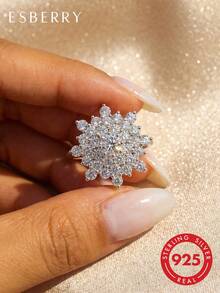 ESBERRY 1 pieza Anillo de plata de ley S925 con forma de copo de nieve y cristales, anillo de mujer, exquisito y único, adecuado para bailes, reuniones y fiestas, regalo de joyería elegante para damas - Anillo de copo de nieve brillante - Ver 1