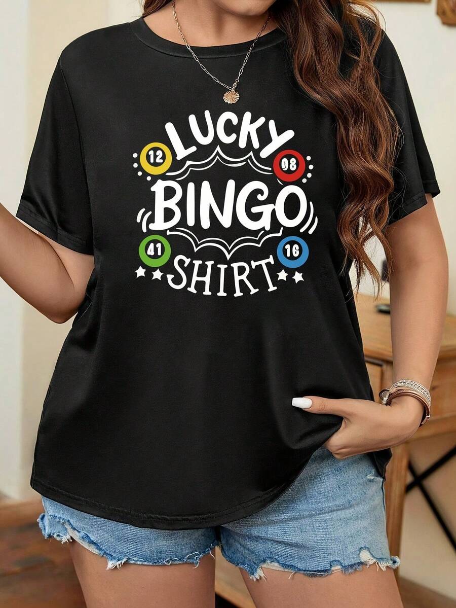 Talla unisex. Camiseta de algodón de talla grande para mujer, ideal para el verano. Camiseta de manga corta con cuello redondo para mujer, talla grande, con un corte holgado y un estampado que dice 'Lucky Bingo'. This Oversized Casual T-Shirt Is Designed for Comfort And StyleMaterial absorbente del sudor, suave y agradable para la piel. - Negro - Ver 1